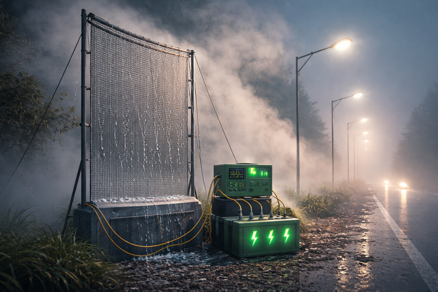 Pakistani students presenting Nebulavolt fog-to-electricity device with fog capture mesh