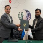 Handshake between business leaders with digital identity and technology icons representing partnership between NTL and Unikrew Solutions.