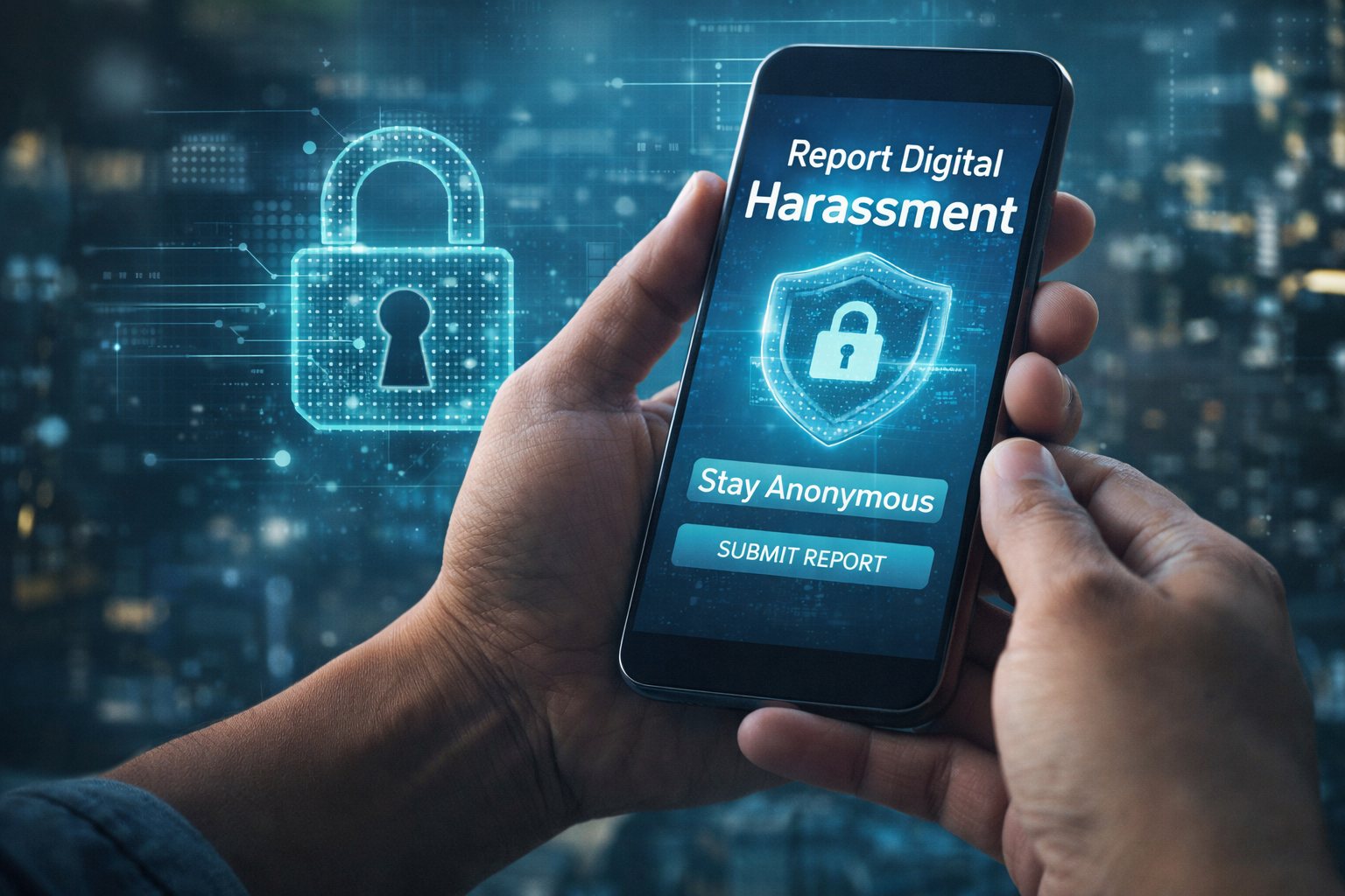 Person reporting digital harassment anonymously using mobile app in Pakistan